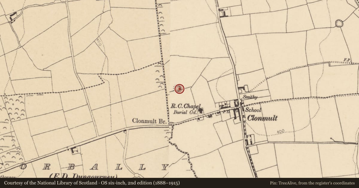 Ordnance Survey six-inch map, 2nd edition (1888–1915) covering the location of Ringfort - rath, Clonmult, County Cork, with a pin at the register's coordinates