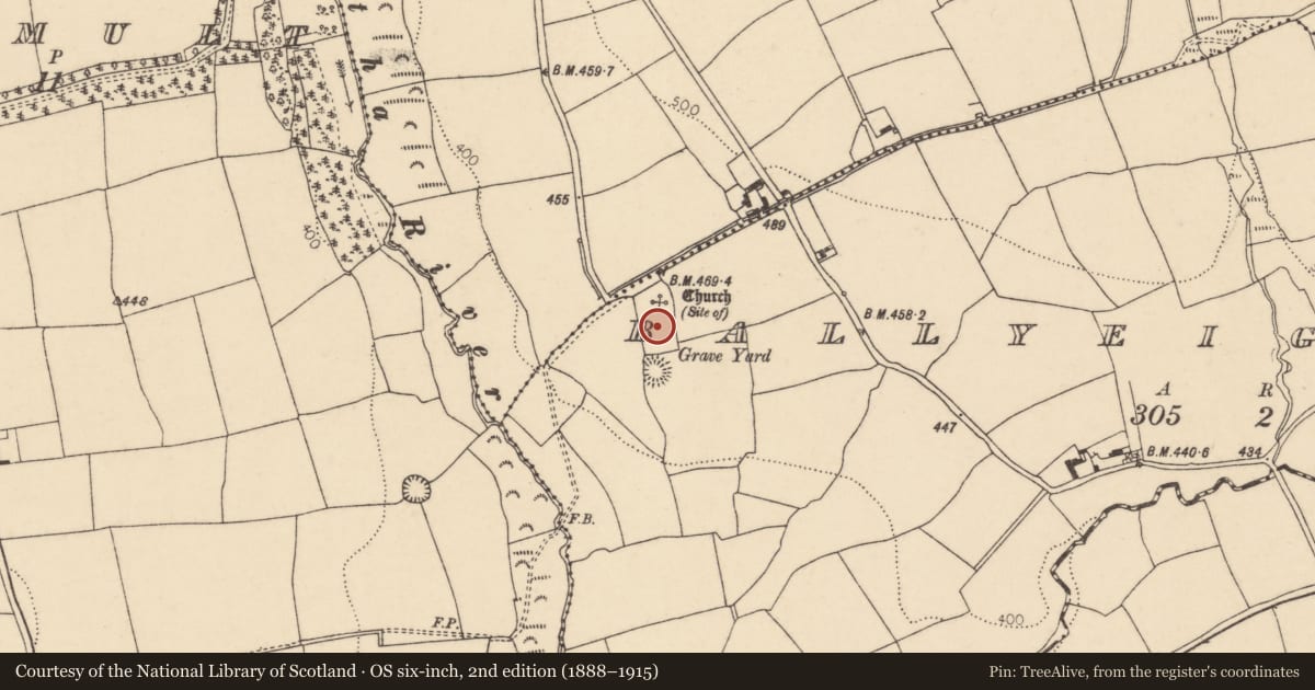 Ordnance Survey six-inch map, 2nd edition (1888–1915) covering the location of Graveyard, Ballyeightragh, County Cork, with a pin at the register's coordinates