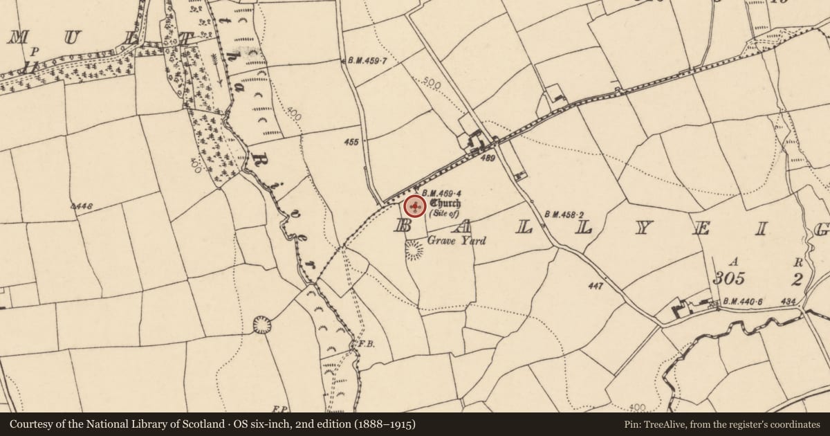 Ordnance Survey six-inch map, 2nd edition (1888–1915) covering the location of Church, Ballyeightragh, County Cork, with a pin at the register's coordinates