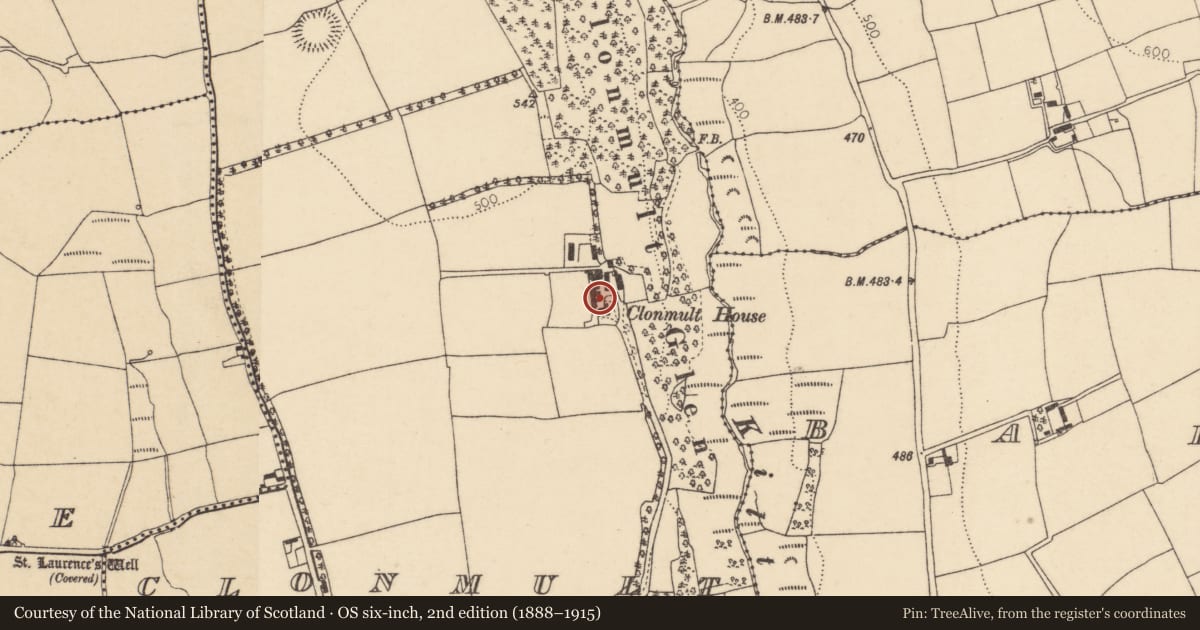 Ordnance Survey six-inch map, 2nd edition (1888–1915) covering the location of Country house, Clonmult, County Cork, with a pin at the register's coordinates