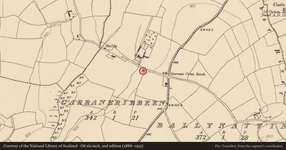 Ordnance Survey six-inch map, 2nd edition (1888–1915) covering the location of Kiln - lime, Garraneribbeen, County Cork, with a pin at the register's coordinates
