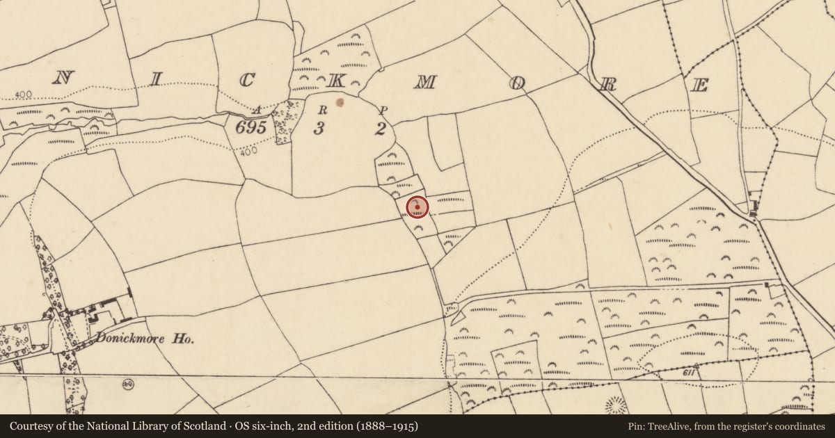 Ordnance Survey six-inch map, 2nd edition (1888–1915) covering the location of Fulacht fia, Donickmore, County Cork, with a pin at the register's coordinates