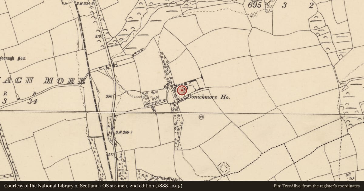 Ordnance Survey six-inch map, 2nd edition (1888–1915) covering the location of Bullaun stone (present location), Donickmore, County Cork, with a pin at the register's coordinates