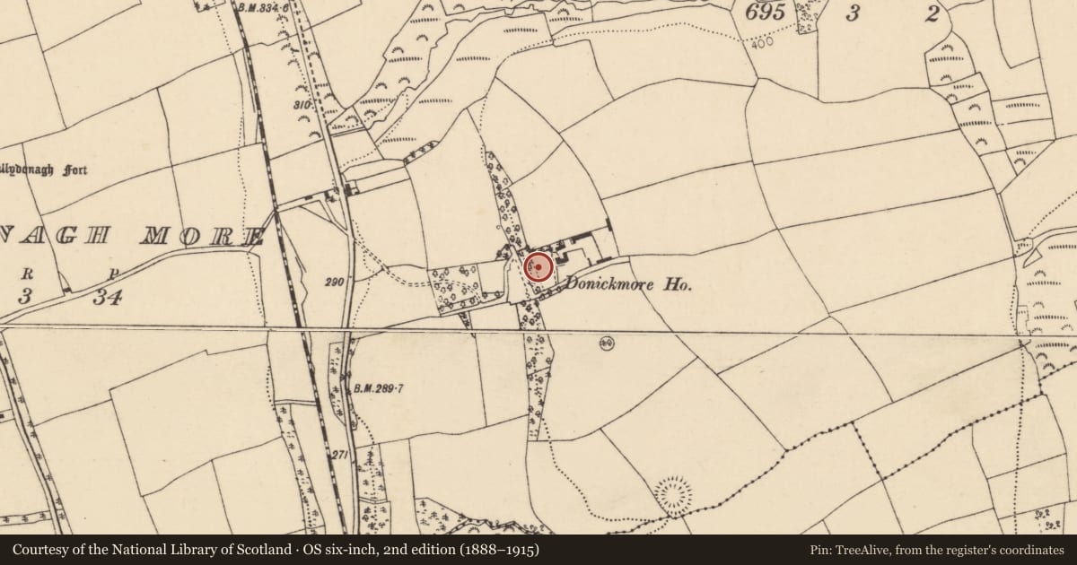 Ordnance Survey six-inch map, 2nd edition (1888–1915) covering the location of Bullaun stone (present location), Donickmore, County Cork, with a pin at the register's coordinates