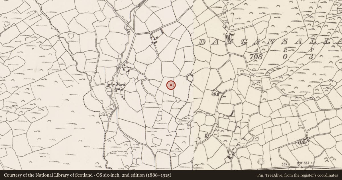 Ordnance Survey six-inch map, 2nd edition (1888–1915) covering the location of Fulacht fia, Na Huláin Thoir, County Cork, with a pin at the register's coordinates