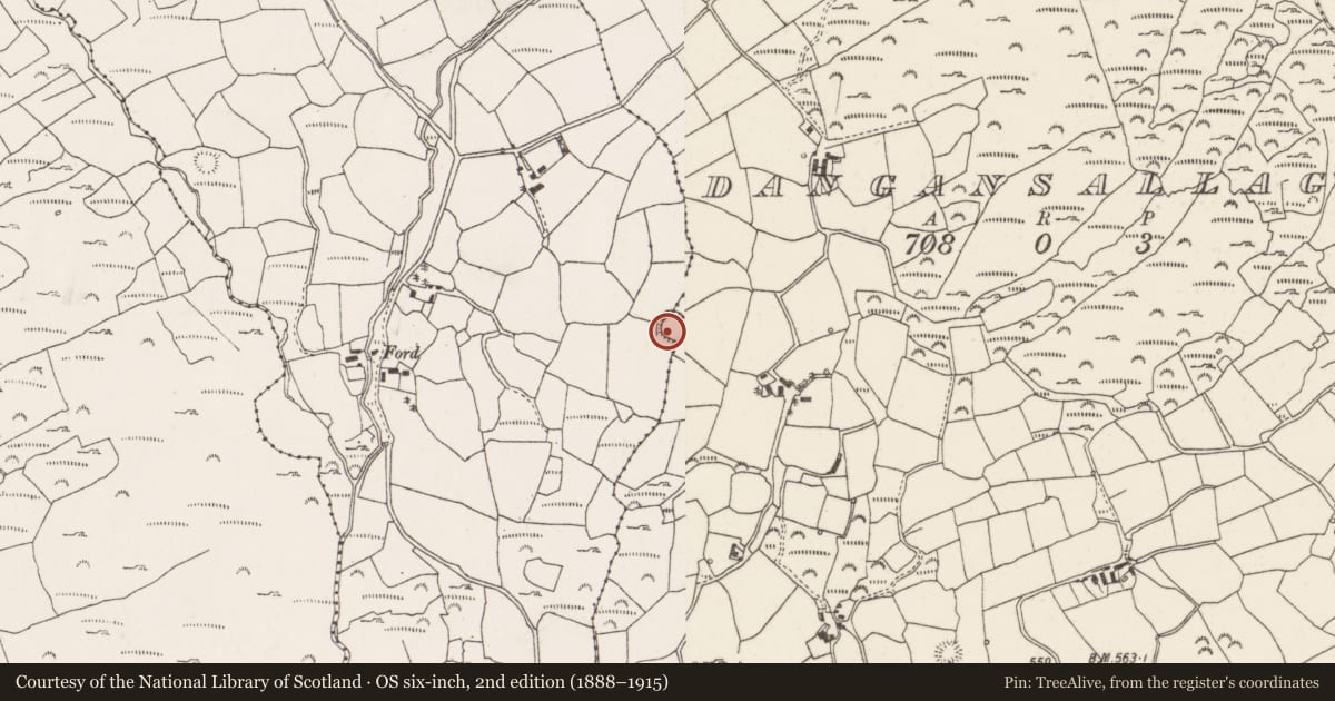 Ordnance Survey six-inch map, 2nd edition (1888–1915) covering the location of Ringfort - rath, Na Huláin Thoir, County Cork, with a pin at the register's coordinates