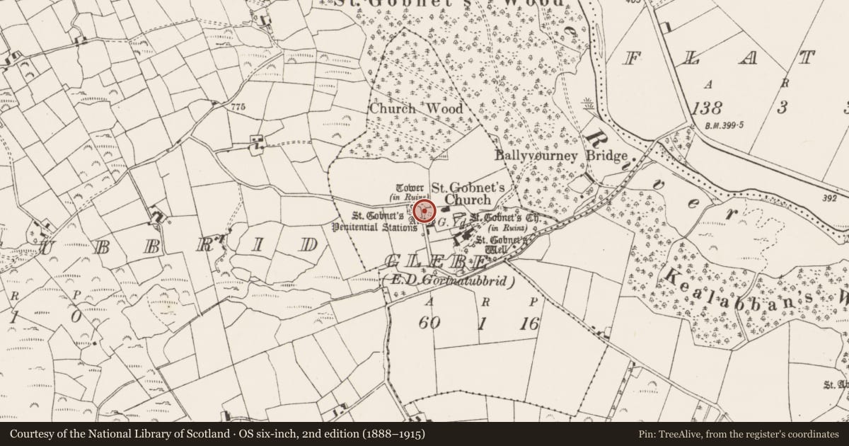 Ordnance Survey six-inch map, 2nd edition (1888–1915) covering the location of Bullaun stone, Glebe (Muskerry West By., Ballyvourney Par.), County Cork, with a pin at the register's coordinates