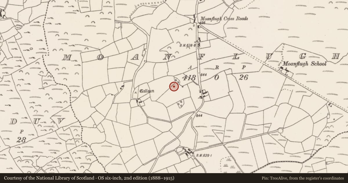 Ordnance Survey six-inch map, 2nd edition (1888–1915) covering the location of Souterrain, Moanflugh, County Cork, with a pin at the register's coordinates