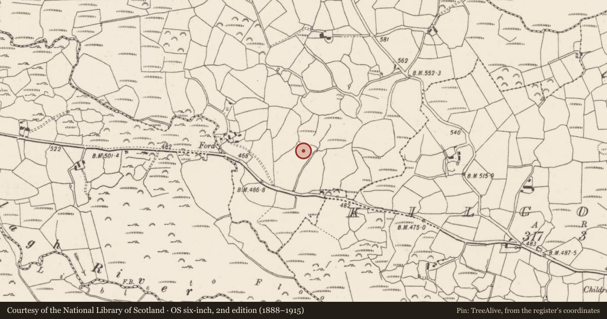 Ordnance Survey six-inch map, 2nd edition (1888–1915) covering the location of Fulacht fia, Barr An Tseanchnoic, County Cork, with a pin at the register's coordinates