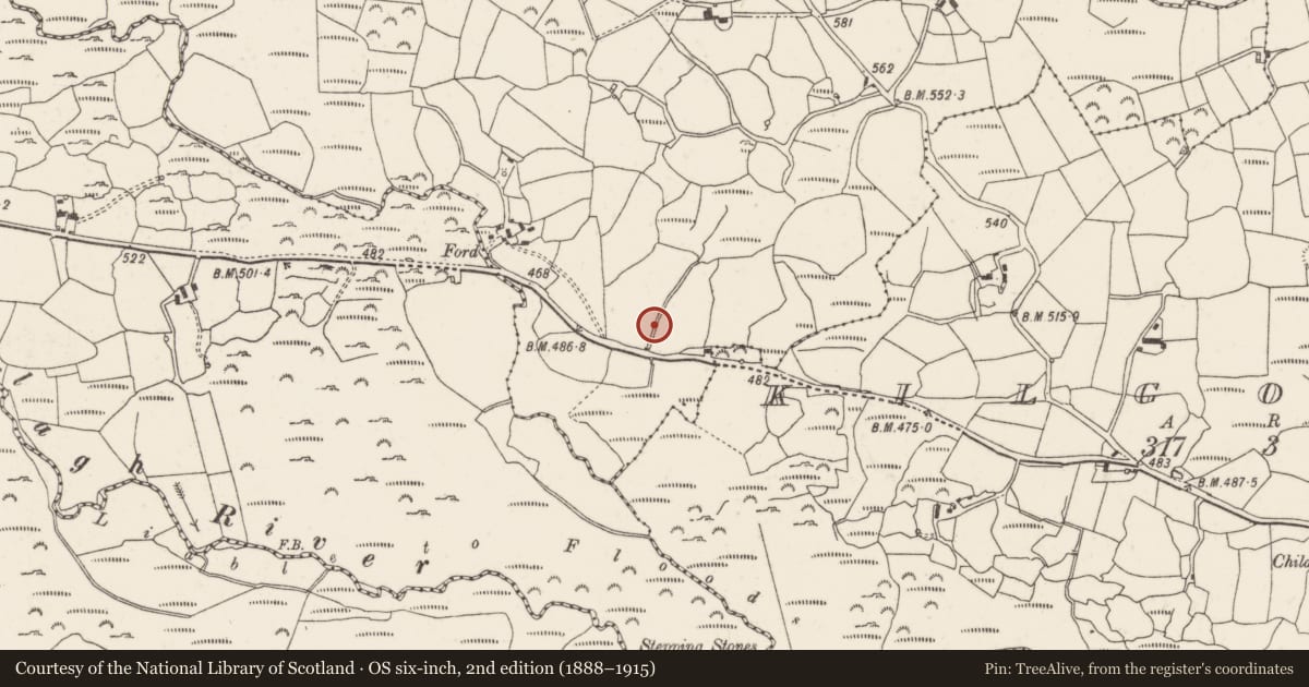 Ordnance Survey six-inch map, 2nd edition (1888–1915) covering the location of Fulacht fia, Barr An Tseanchnoic, County Cork, with a pin at the register's coordinates