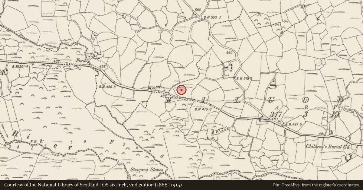 Ordnance Survey six-inch map, 2nd edition (1888–1915) covering the location of Fulacht fia, Kilgobnet, County Cork, with a pin at the register's coordinates