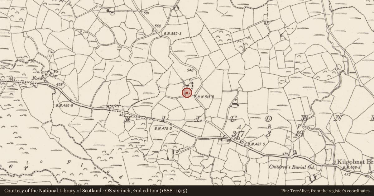 Ordnance Survey six-inch map, 2nd edition (1888–1915) covering the location of Ringfort - rath, Kilgobnet, County Cork, with a pin at the register's coordinates