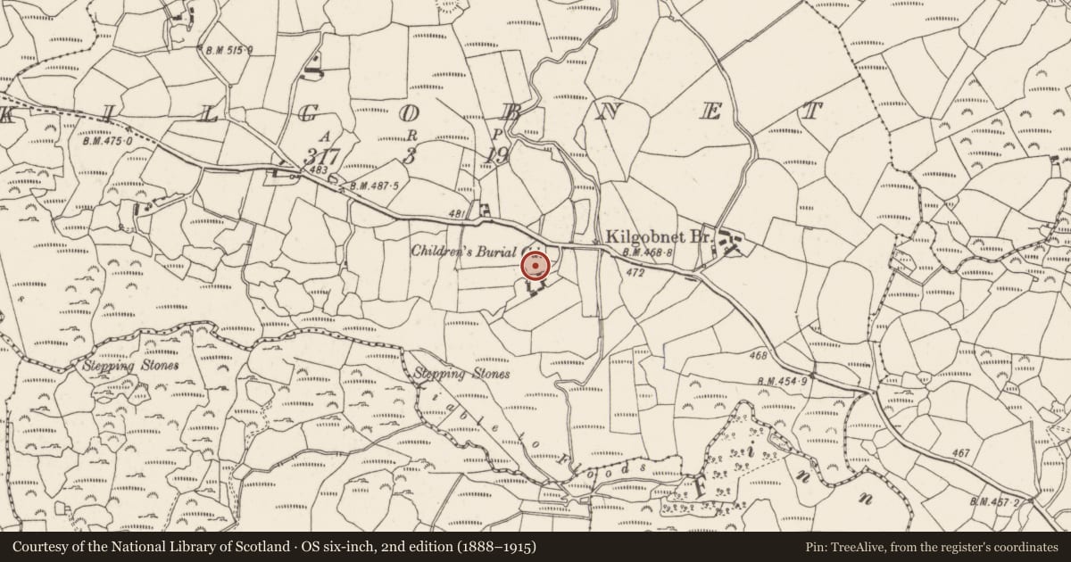 Ordnance Survey six-inch map, 2nd edition (1888–1915) covering the location of Ecclesiastical enclosure, Kilgobnet, County Cork, with a pin at the register's coordinates