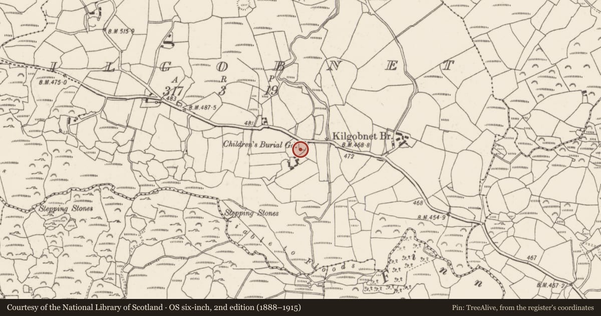 Ordnance Survey six-inch map, 2nd edition (1888–1915) covering the location of Burial ground, Kilgobnet, County Cork, with a pin at the register's coordinates