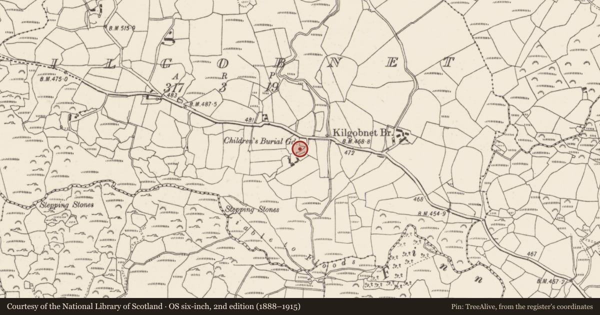 Ordnance Survey six-inch map, 2nd edition (1888–1915) covering the location of Bullaun stone, Kilgobnet, County Cork, with a pin at the register's coordinates