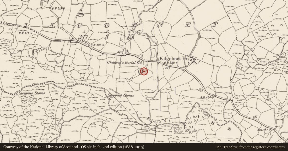 Ordnance Survey six-inch map, 2nd edition (1888–1915) covering the location of Bullaun stone, Kilgobnet, County Cork, with a pin at the register's coordinates