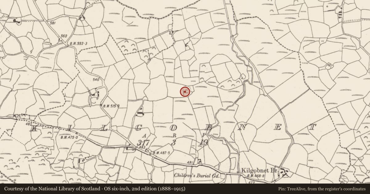 Ordnance Survey six-inch map, 2nd edition (1888–1915) covering the location of Ringfort - rath, Kilgobnet, County Cork, with a pin at the register's coordinates