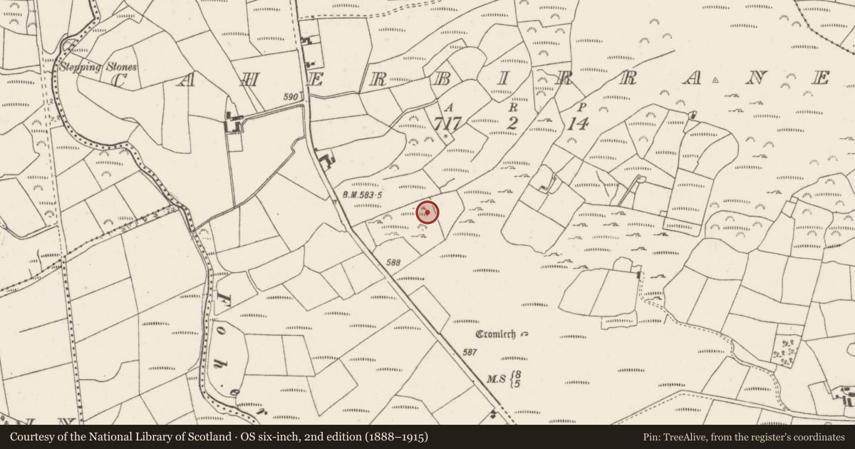 Ordnance Survey six-inch map, 2nd edition (1888–1915) covering the location of Fulacht fia, Caherbirrane, County Cork, with a pin at the register's coordinates