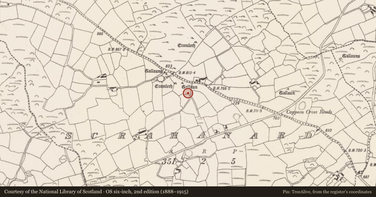 Ordnance Survey six-inch map, 2nd edition (1888–1915) covering the location of Souterrain, Scrahanard, County Cork, with a pin at the register's coordinates