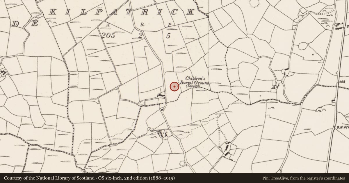 Ordnance Survey six-inch map, 2nd edition (1888–1915) covering the location of Bullaun stone, Kilpatrick, County Cork, with a pin at the register's coordinates