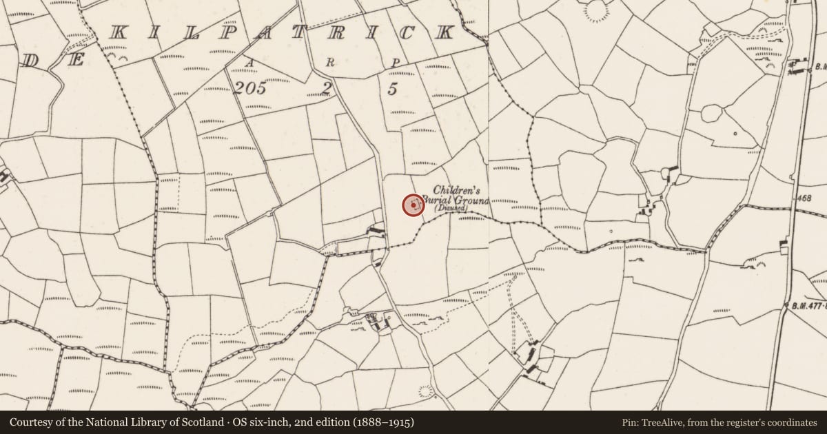 Ordnance Survey six-inch map, 2nd edition (1888–1915) covering the location of Burial ground, Kilpatrick, County Cork, with a pin at the register's coordinates