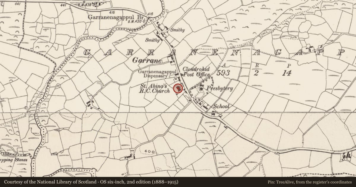 Ordnance Survey six-inch map, 2nd edition (1888–1915) covering the location of Altar, Garranenagappul, County Cork, with a pin at the register's coordinates