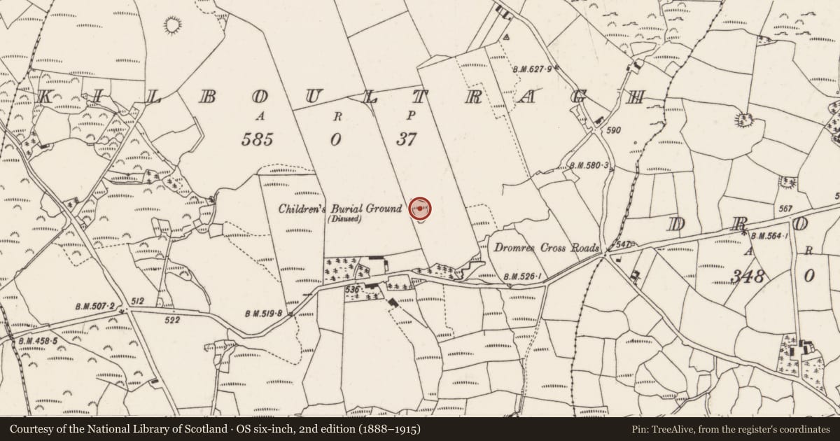 Ordnance Survey six-inch map, 2nd edition (1888–1915) covering the location of Burial ground, Kilboultragh, County Cork, with a pin at the register's coordinates
