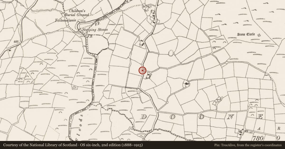 Ordnance Survey six-inch map, 2nd edition (1888–1915) covering the location of Ringfort - rath, Dooneens, County Cork, with a pin at the register's coordinates