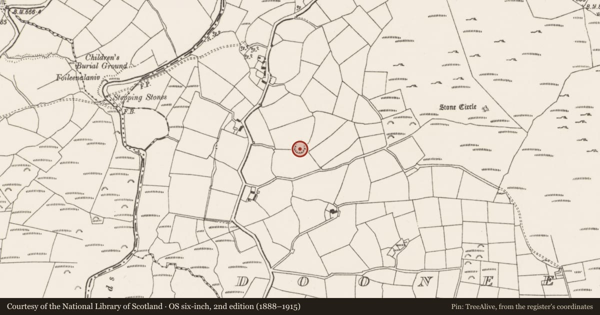Ordnance Survey six-inch map, 2nd edition (1888–1915) covering the location of Ringfort - cashel, Dooneens, County Cork, with a pin at the register's coordinates