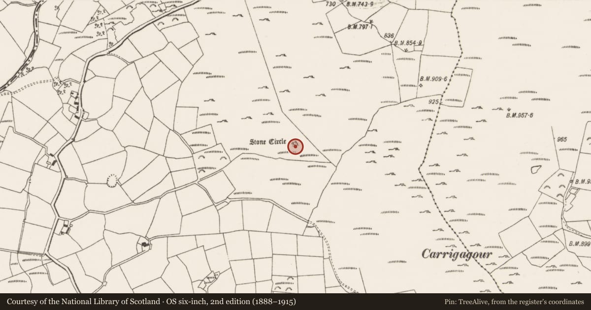 Ordnance Survey six-inch map, 2nd edition (1888–1915) covering the location of Cairn - radial-stone cairn, Dooneens, County Cork, with a pin at the register's coordinates