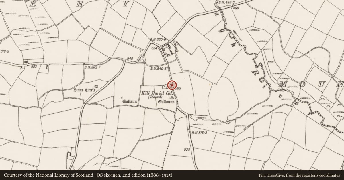Ordnance Survey six-inch map, 2nd edition (1888–1915) covering the location of Souterrain, Oughtihery, County Cork, with a pin at the register's coordinates