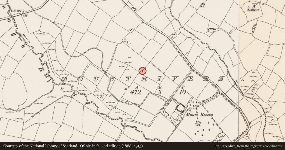 Ordnance Survey six-inch map, 2nd edition (1888–1915) covering the location of Designed landscape feature, Mountrivers, County Cork, with a pin at the register's coordinates