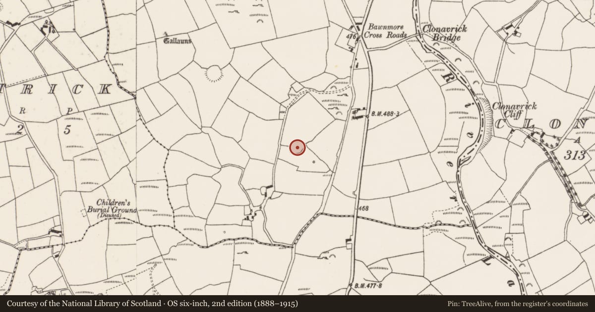 Ordnance Survey six-inch map, 2nd edition (1888–1915) covering the location of Ringfort - rath, Bawnmore, County Cork, with a pin at the register's coordinates