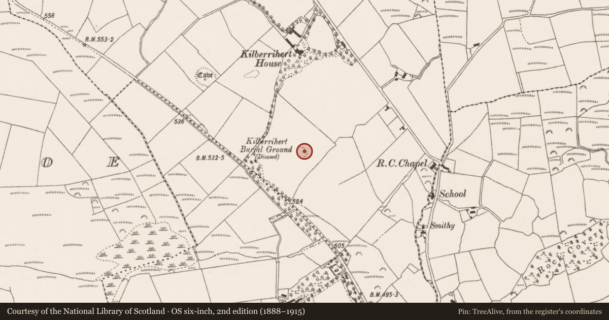 Ordnance Survey six-inch map, 2nd edition (1888–1915) covering the location of Burial ground, Kilberrihert, County Cork, with a pin at the register's coordinates