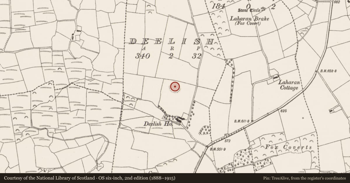 Ordnance Survey six-inch map, 2nd edition (1888–1915) covering the location of Ringfort - rath, Deelish, County Cork, with a pin at the register's coordinates