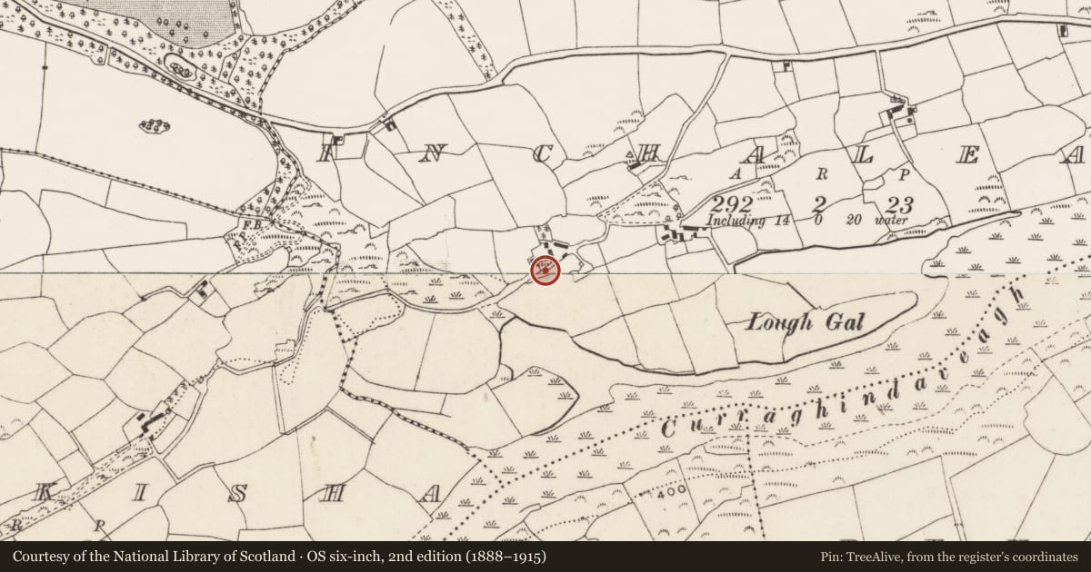 Ordnance Survey six-inch map, 2nd edition (1888–1915) covering the location of Burial ground, Inchaleagh, County Cork, with a pin at the register's coordinates