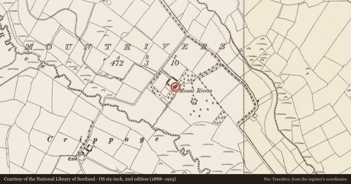Ordnance Survey six-inch map, 2nd edition (1888–1915) covering the location of Country house, Mountrivers, County Cork, with a pin at the register's coordinates
