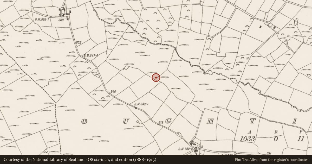 Ordnance Survey six-inch map, 2nd edition (1888–1915) covering the location of Fulacht fia, Oughtihery, County Cork, with a pin at the register's coordinates