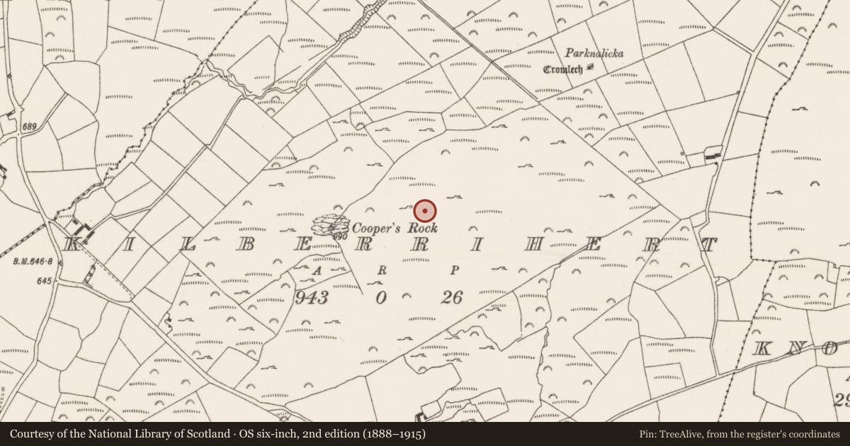 Ordnance Survey six-inch map, 2nd edition (1888–1915) covering the location of Hut site, Kilberrihert, County Cork, with a pin at the register's coordinates