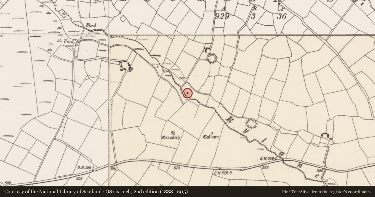 Ordnance Survey six-inch map, 2nd edition (1888–1915) covering the location of Fulacht fia, Kilcullen South, County Cork, with a pin at the register's coordinates