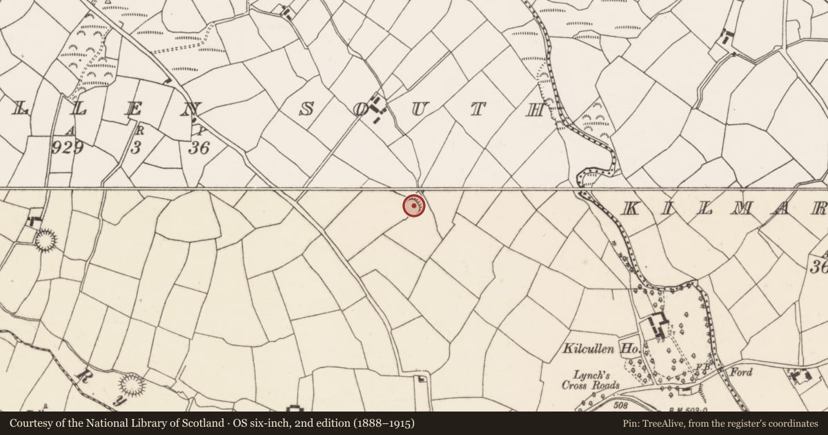 Ordnance Survey six-inch map, 2nd edition (1888–1915) covering the location of Ringfort - rath, Kilcullen South, County Cork, with a pin at the register's coordinates