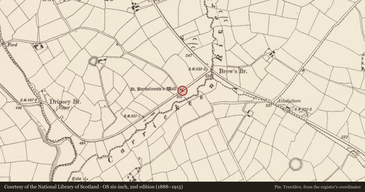 Ordnance Survey six-inch map, 2nd edition (1888–1915) covering the location of Ritual site - holy well, Kilmartin Lower, County Cork, with a pin at the register's coordinates