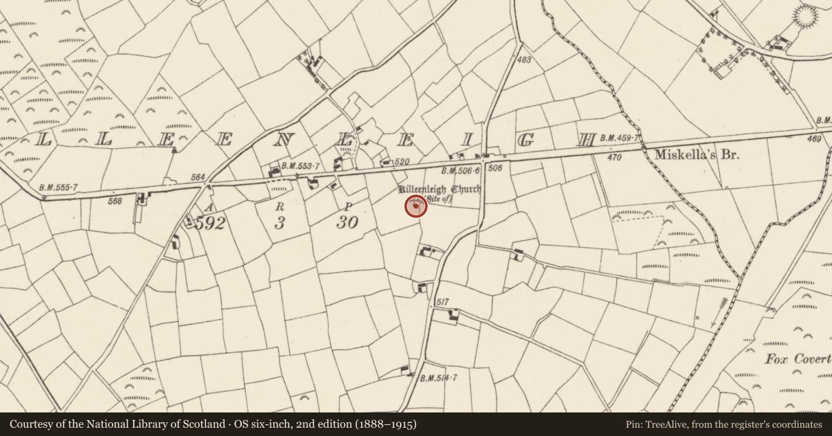 Ordnance Survey six-inch map, 2nd edition (1888–1915) covering the location of Church, Killeenleigh, County Cork, with a pin at the register's coordinates