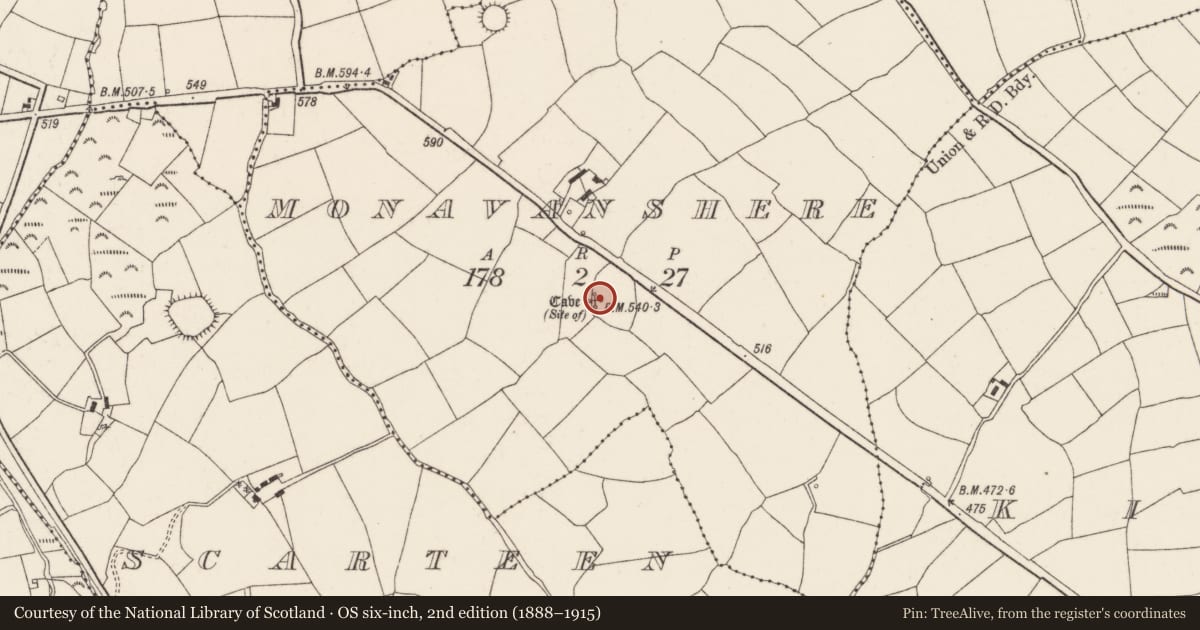 Ordnance Survey six-inch map, 2nd edition (1888–1915) covering the location of Souterrain, Monavanshere, County Cork, with a pin at the register's coordinates