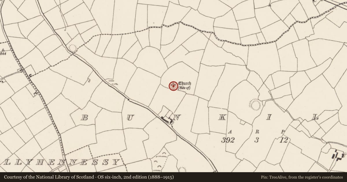 Ordnance Survey six-inch map, 2nd edition (1888–1915) covering the location of Church, Bunkilla, County Cork, with a pin at the register's coordinates