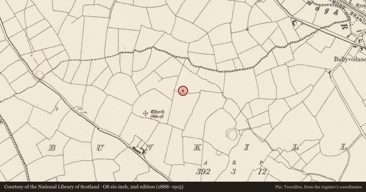 Ordnance Survey six-inch map, 2nd edition (1888–1915) covering the location of Fulacht fia, Bunkilla, County Cork, with a pin at the register's coordinates