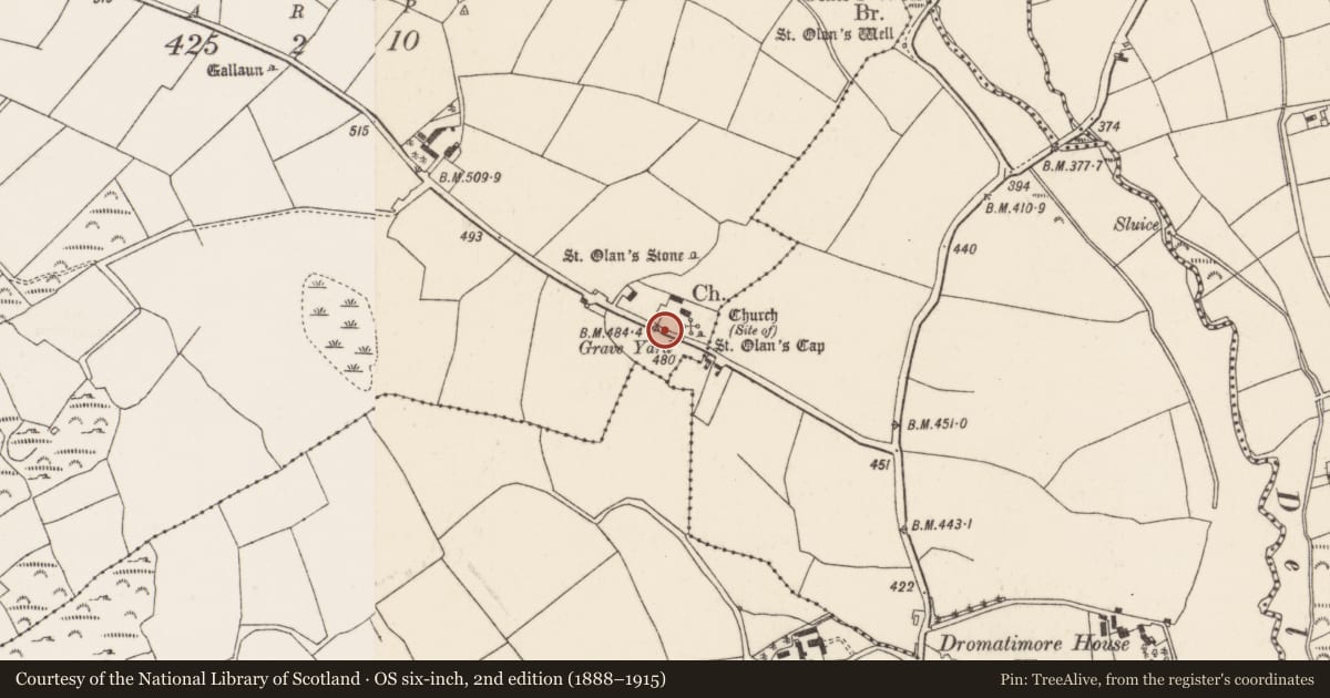 Ordnance Survey six-inch map, 2nd edition (1888–1915) covering the location of Ecclesiastical site, Coolineagh, County Cork, with a pin at the register's coordinates