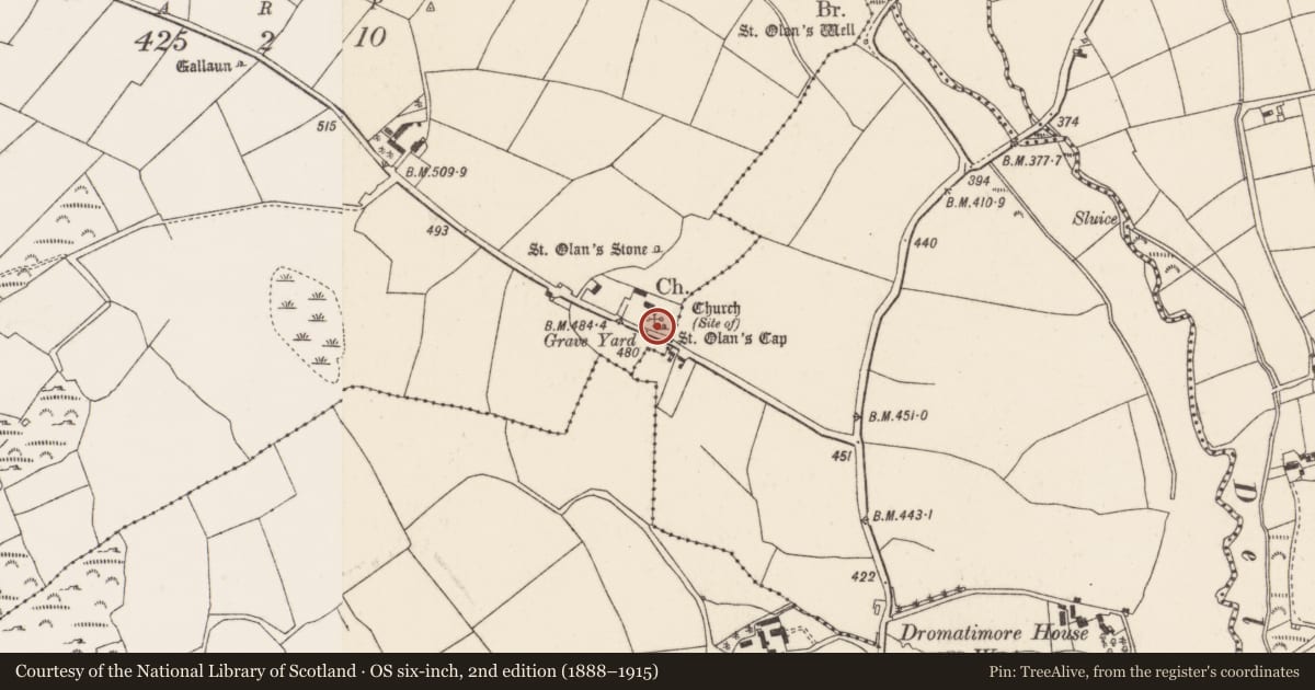 Ordnance Survey six-inch map, 2nd edition (1888–1915) covering the location of Church, Coolineagh, County Cork, with a pin at the register's coordinates