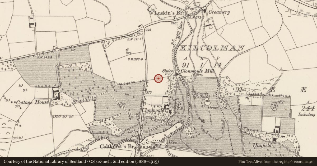 Ordnance Survey six-inch map, 2nd edition (1888–1915) covering the location of Burnt spread, Clonmoyle East, County Cork, with a pin at the register's coordinates