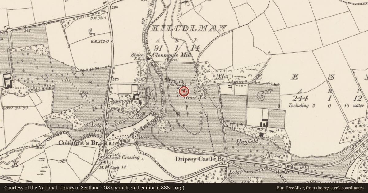 Ordnance Survey six-inch map, 2nd edition (1888–1915) covering the location of Church, Kilcolman, County Cork, with a pin at the register's coordinates